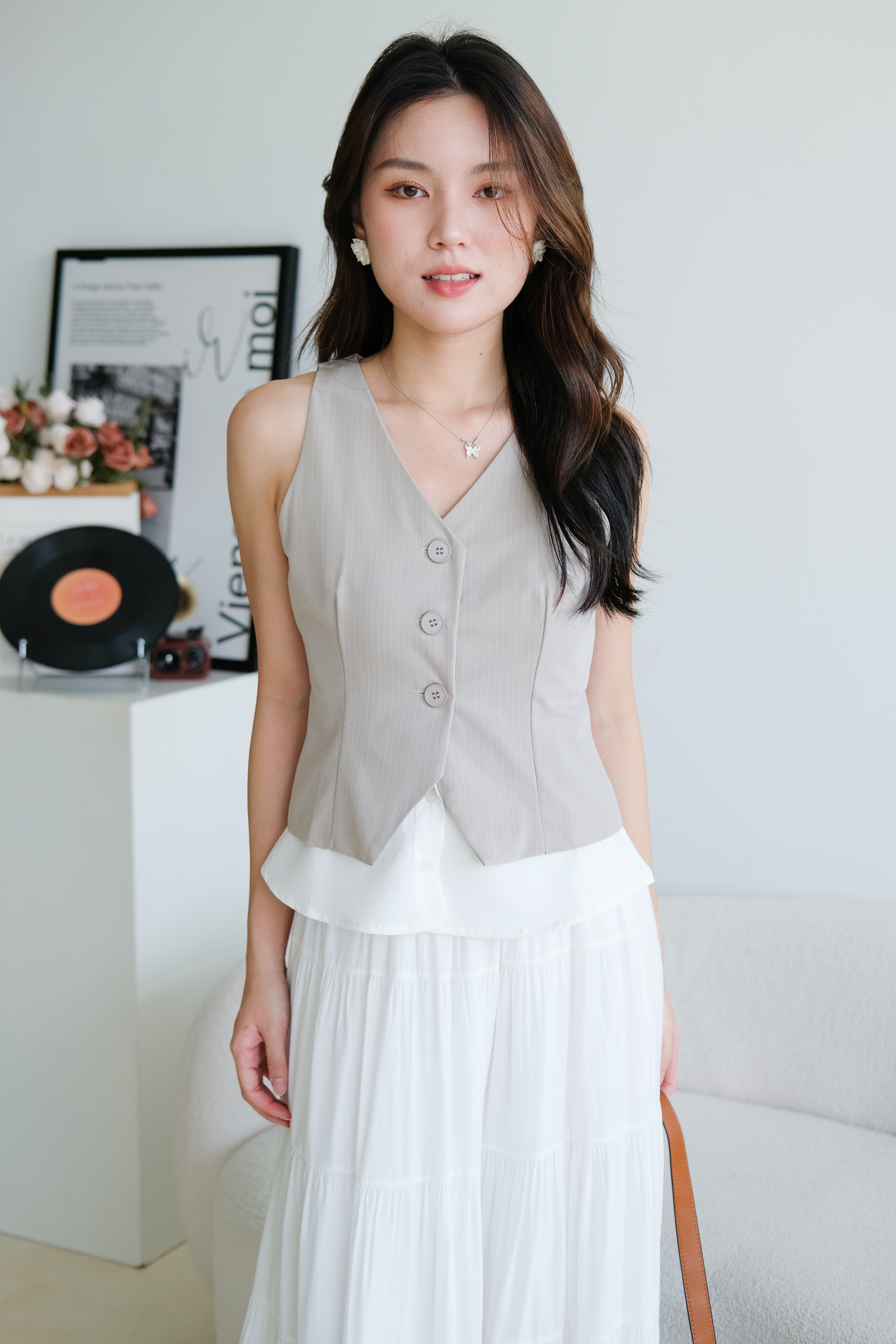 Veen Pinstripe Contrast Vest Top (Light Grey)