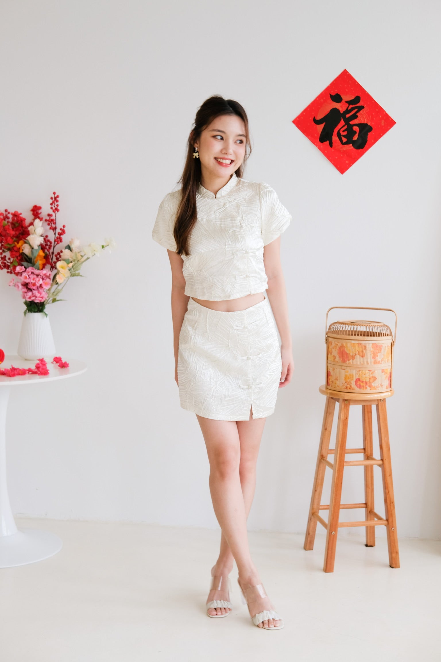 Harmony Textured Cheongsam Set (Pale Yellow)