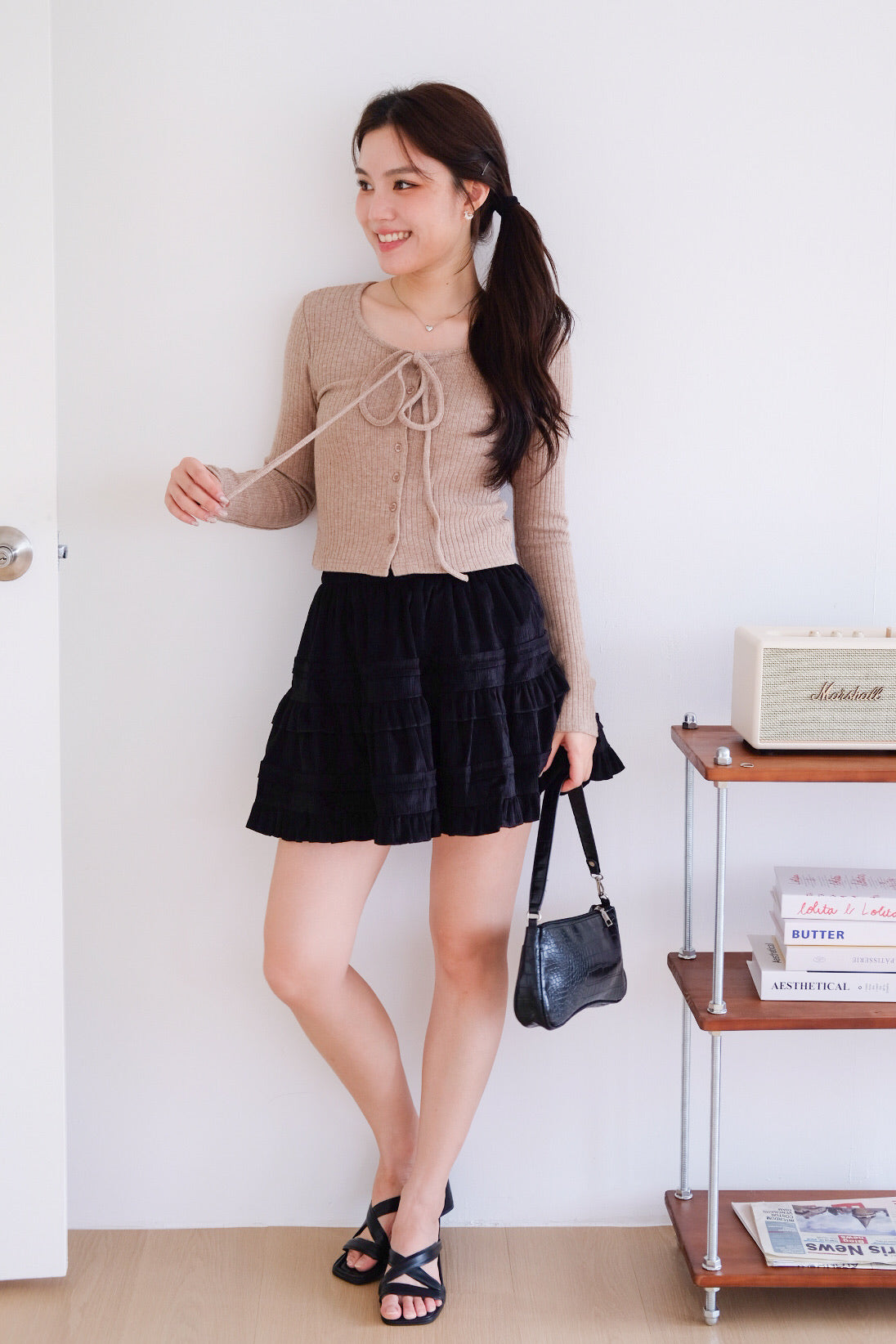 Coco Ribbon Long Sleeve Knit Top (Light Brown)