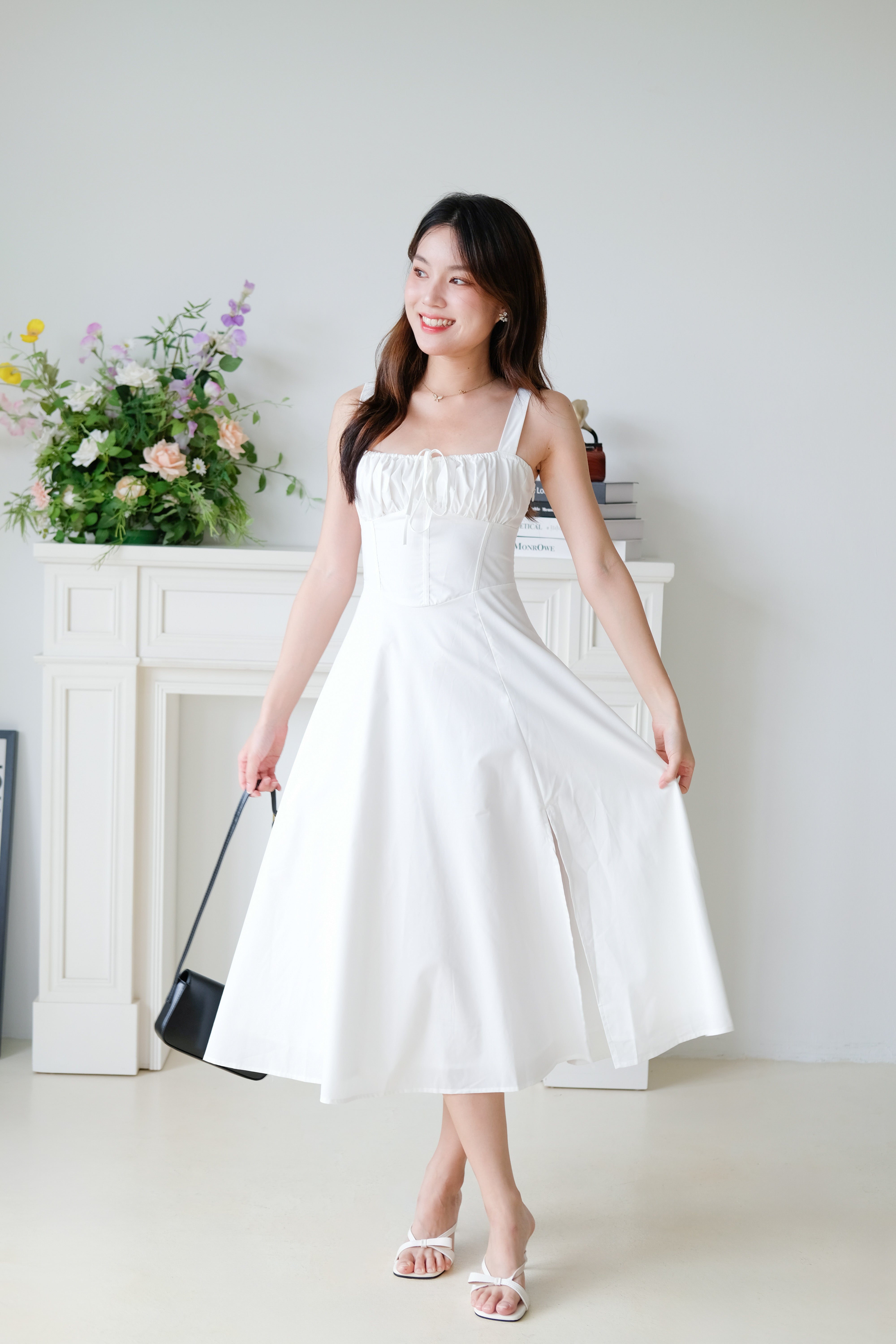 Claire Ruched Slit Midaxi Dress (White)