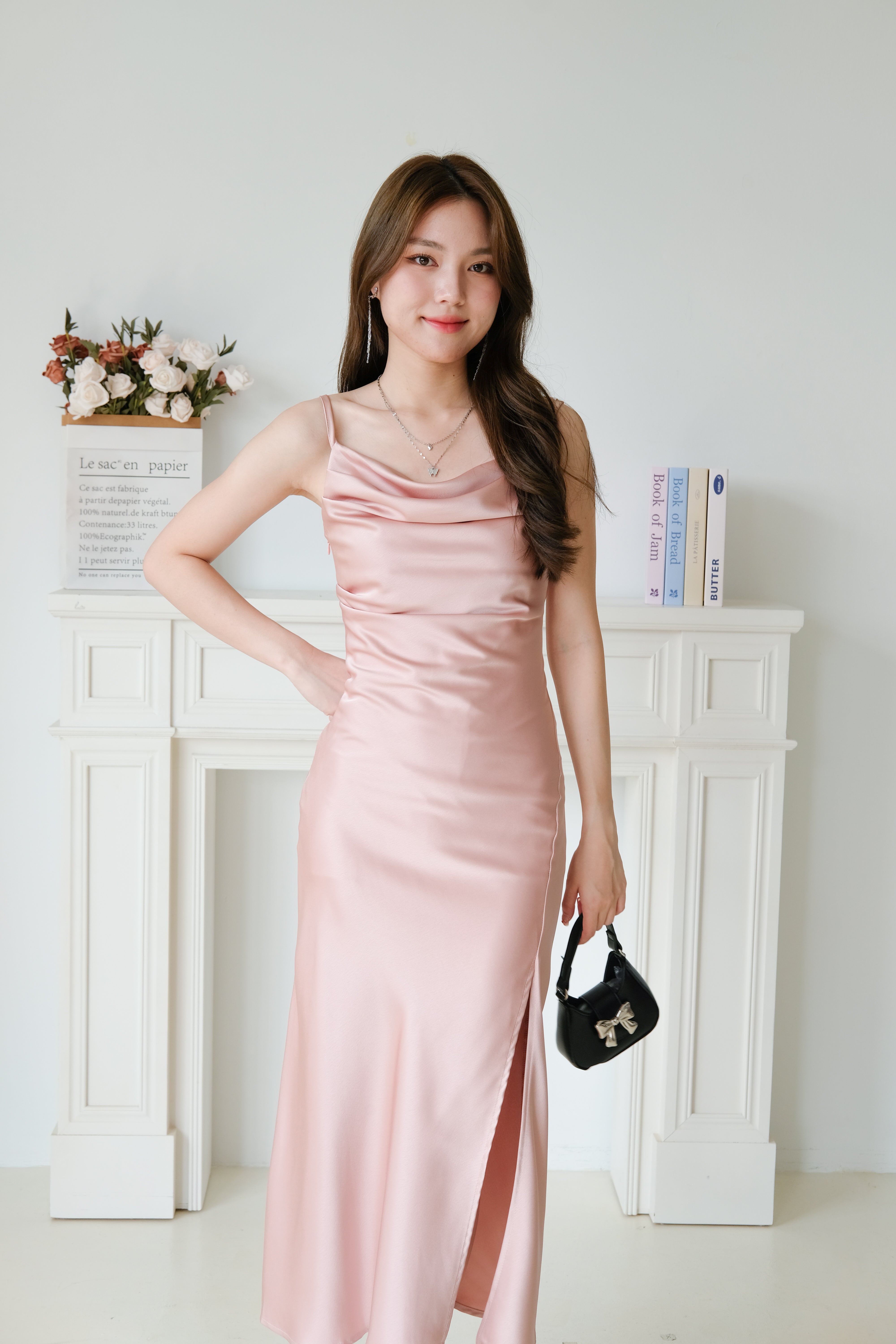 Angel Draped Mermaid Satin Midi Dress (Dusty Pink)