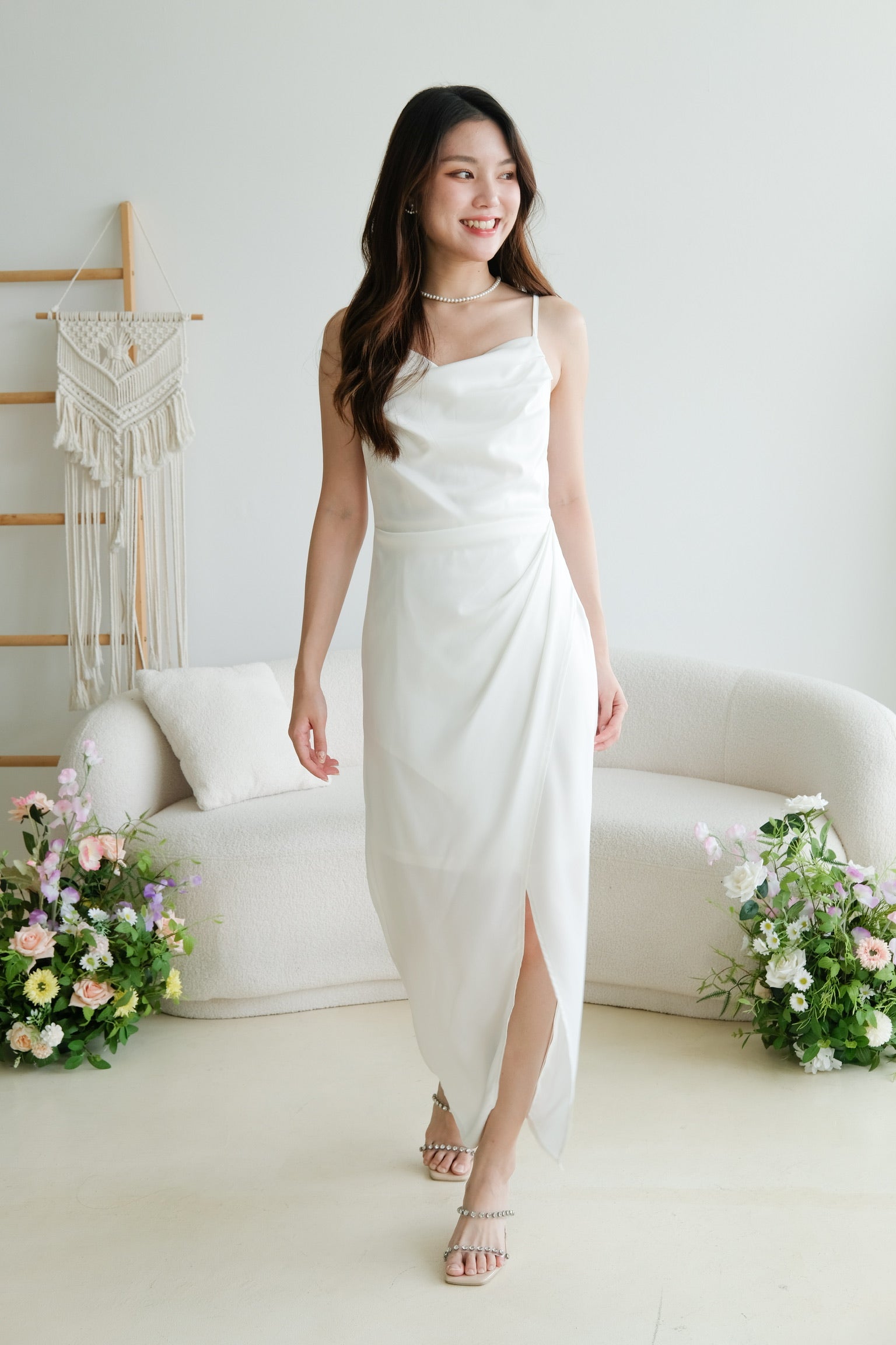 Sheryl Draped Satin Maxi Dress (Pearl White)