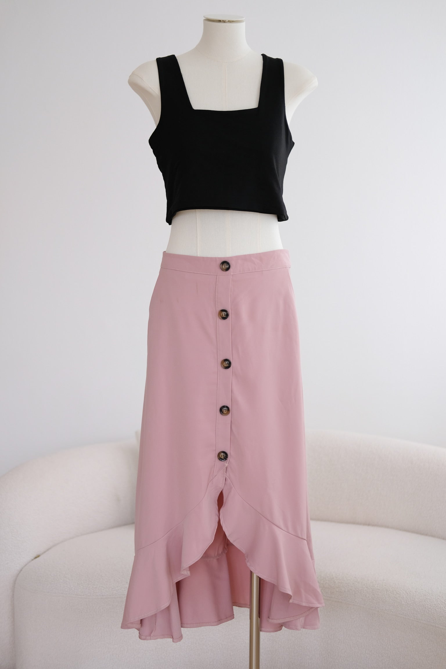 Pink Buttons Ruffle Midi Skirt
