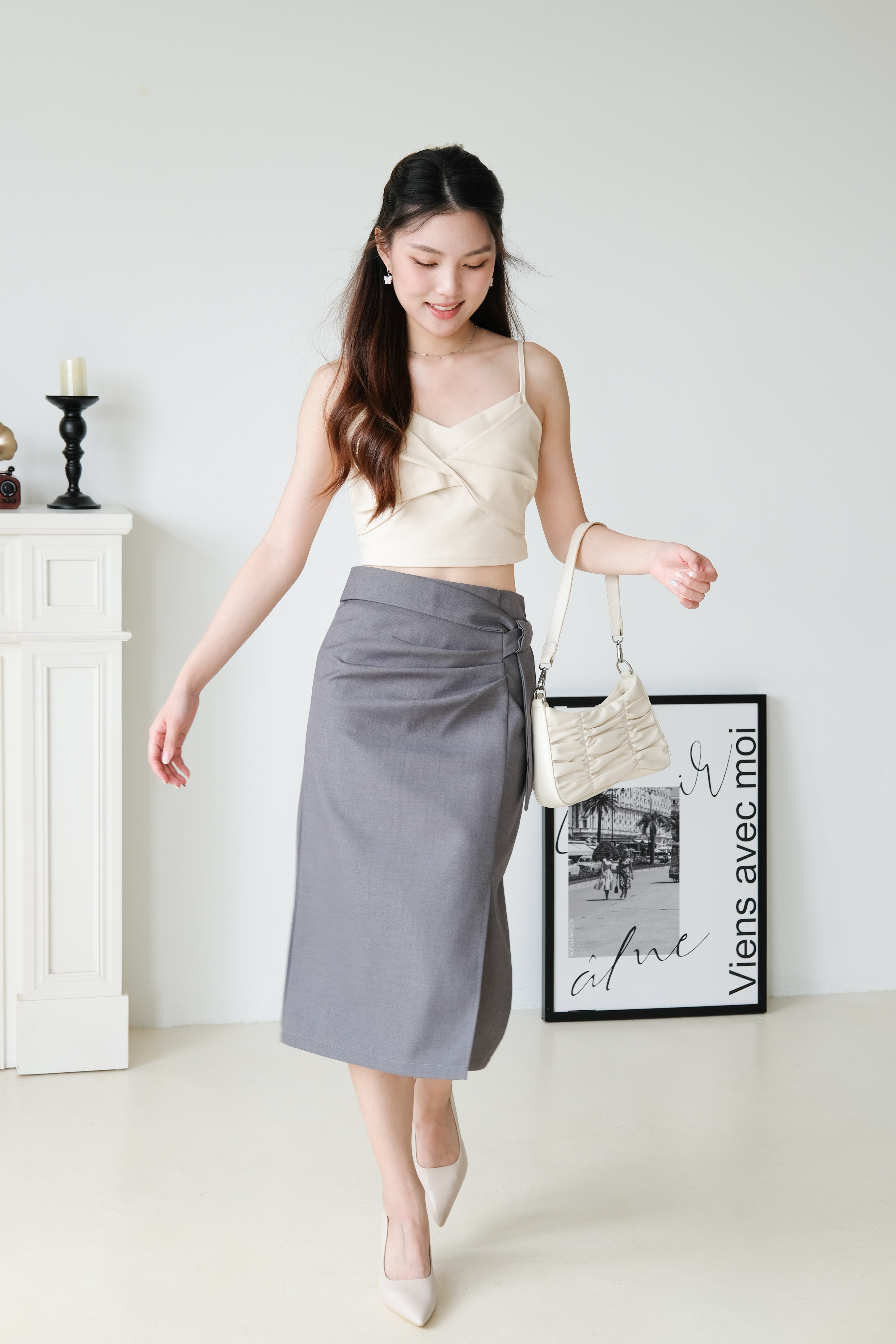 Addie Side Ruched Pencil Skirt (Grey)