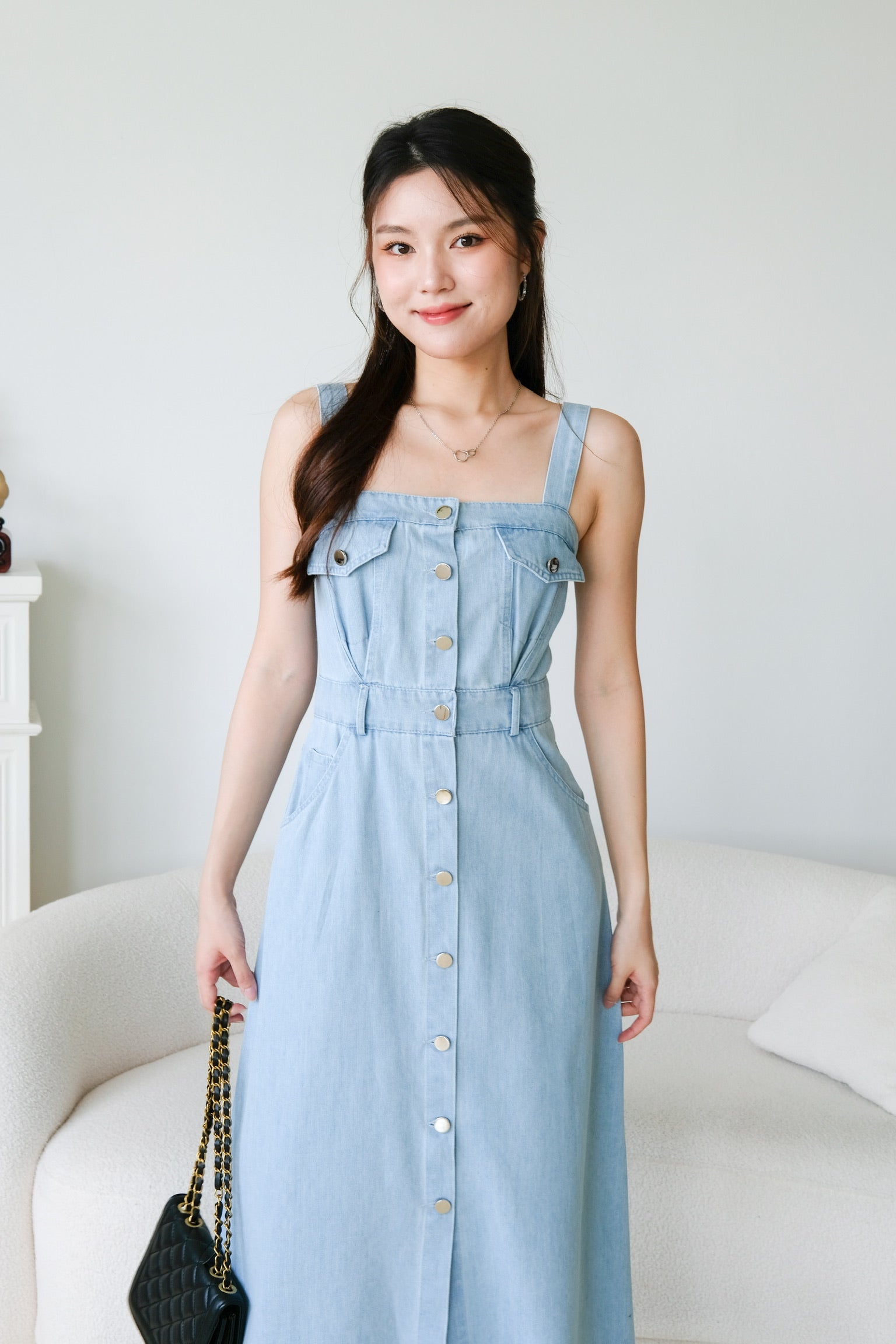 Ean Button Down Denim Maxi Dress (Light Blue)