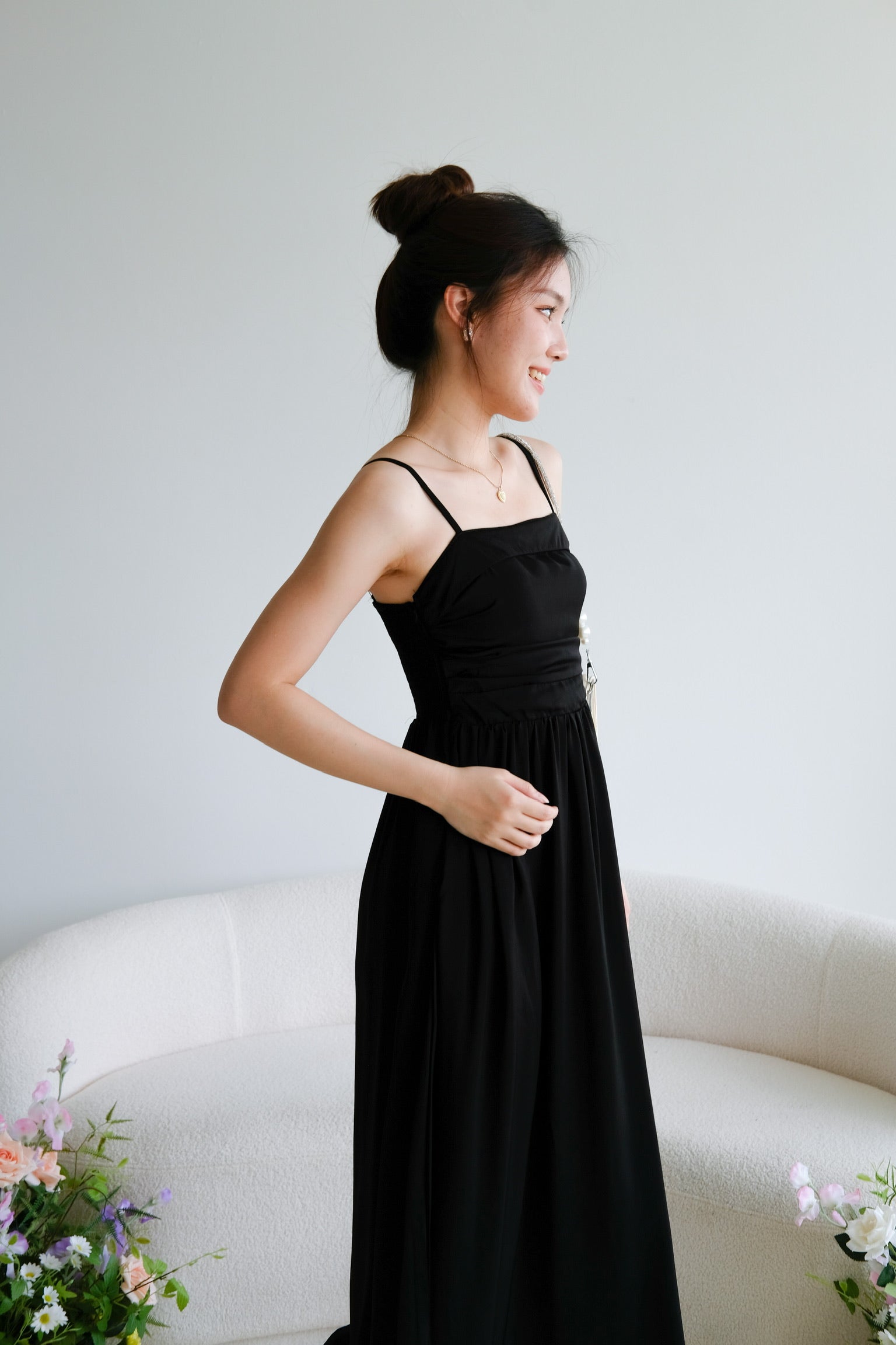 Helen Ruched Flare Maxi Dress (Black)