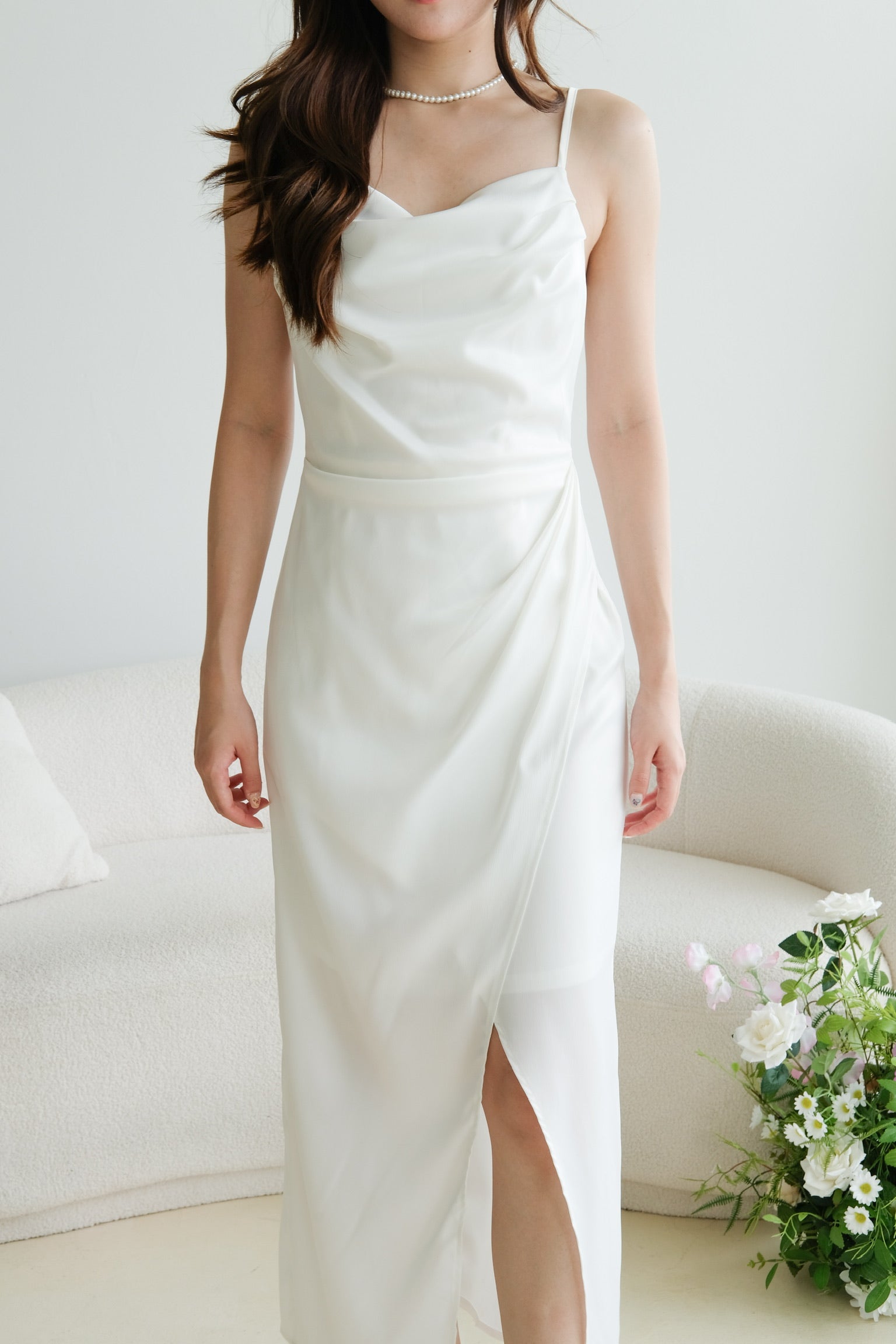 Sheryl Draped Satin Maxi Dress (Pearl White)