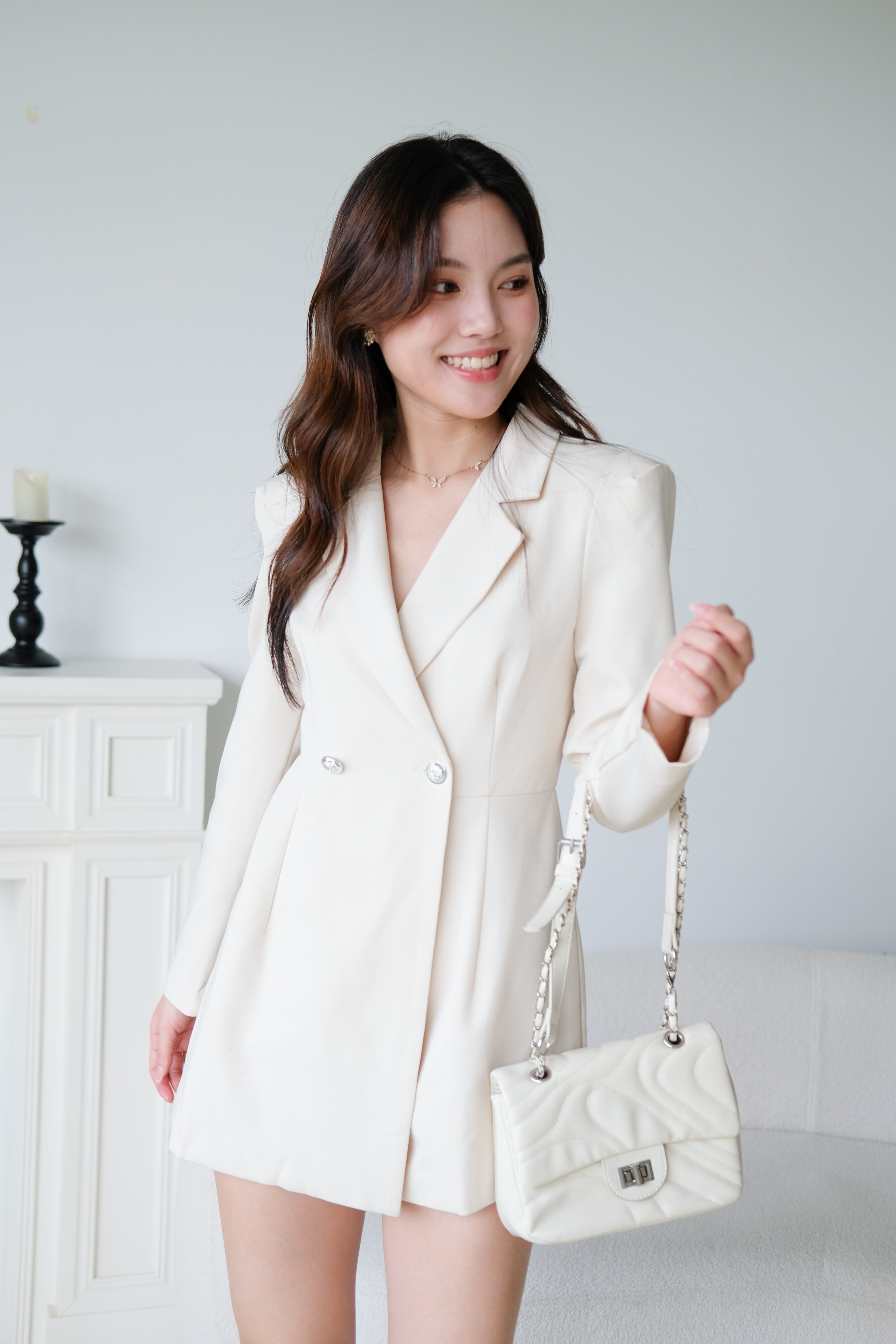 Quinn Blazer Belted Romper (Beige)