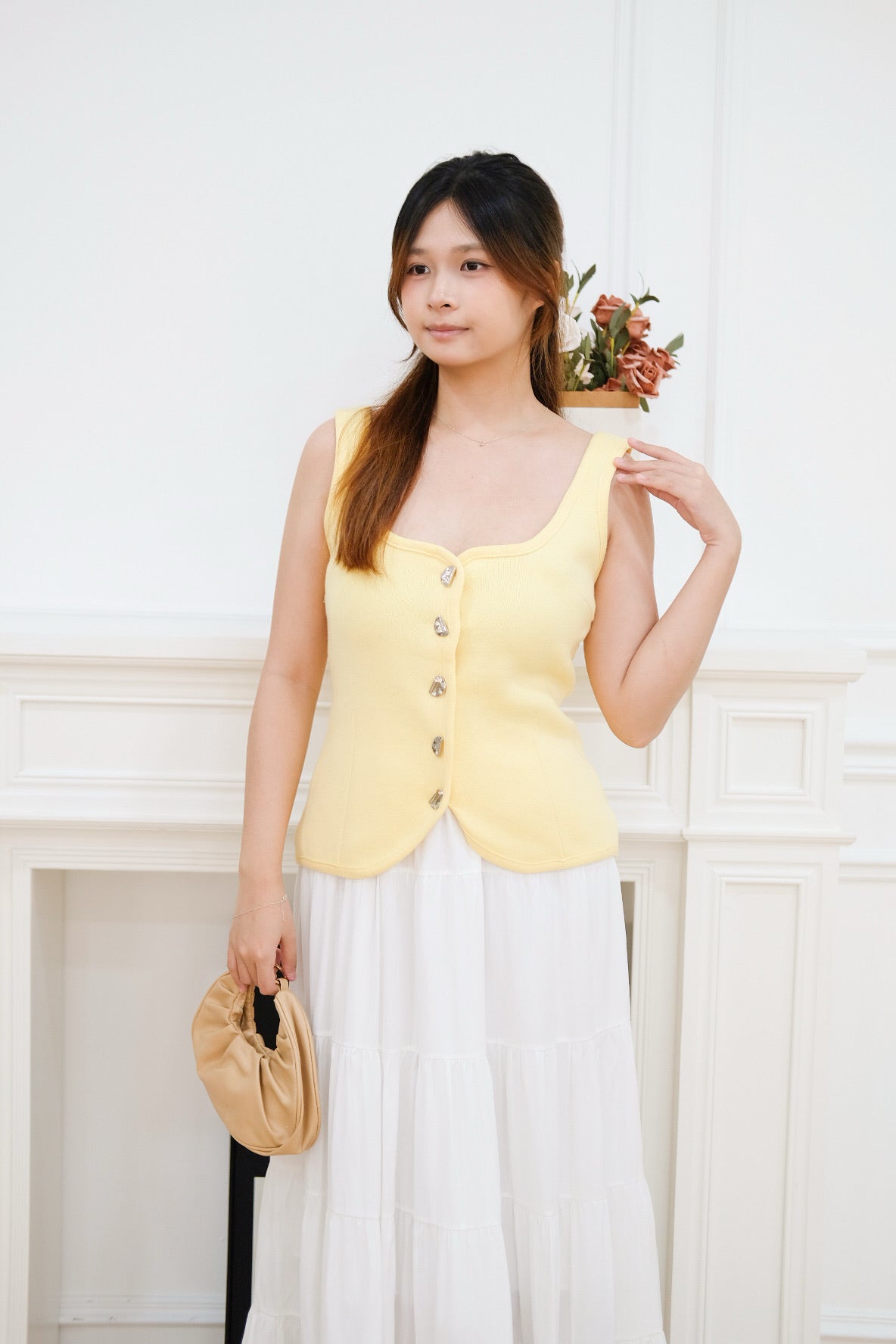 Yellow Sleeveless Gold Button Top