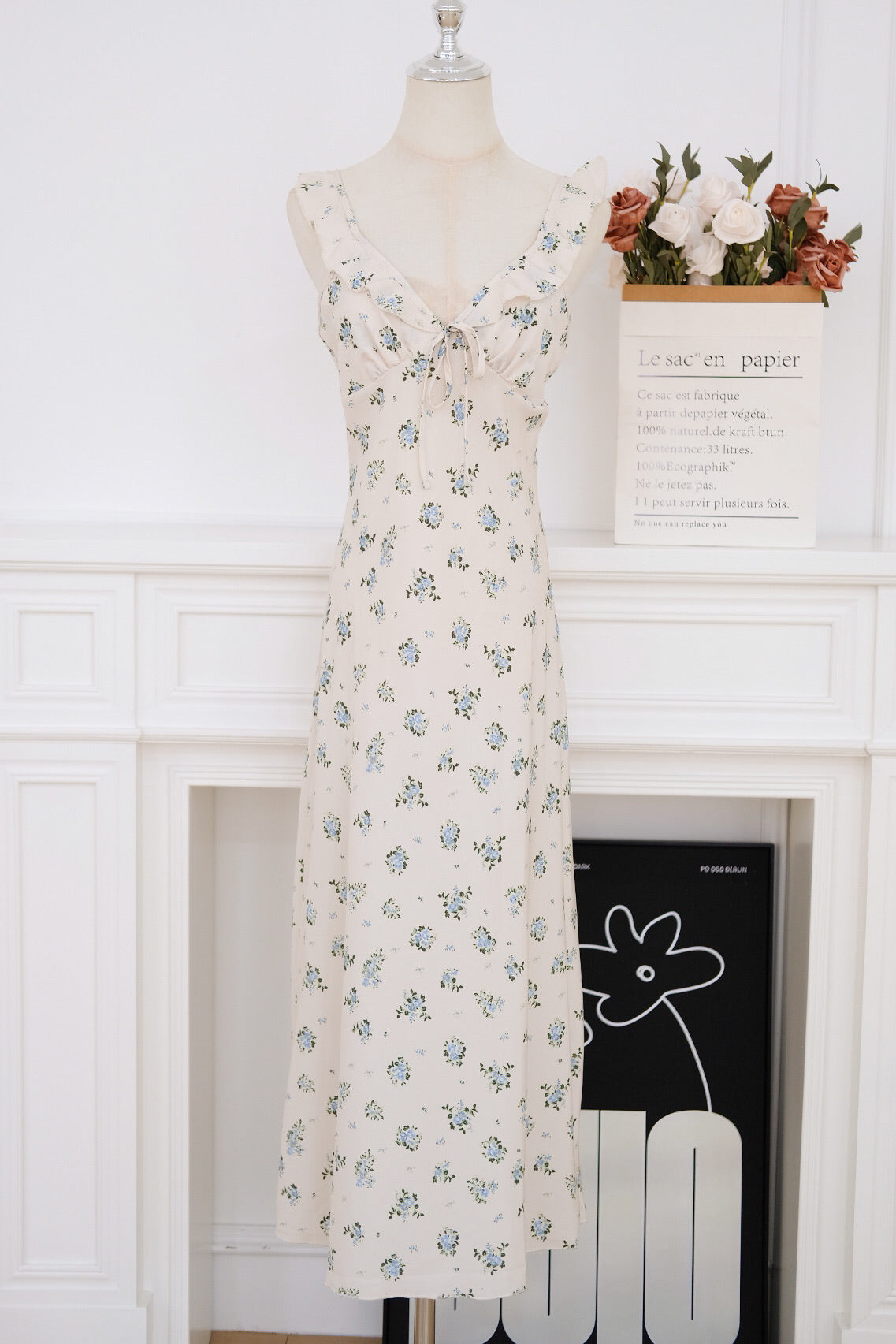 Cream Tie Front Floral Maxi Dress