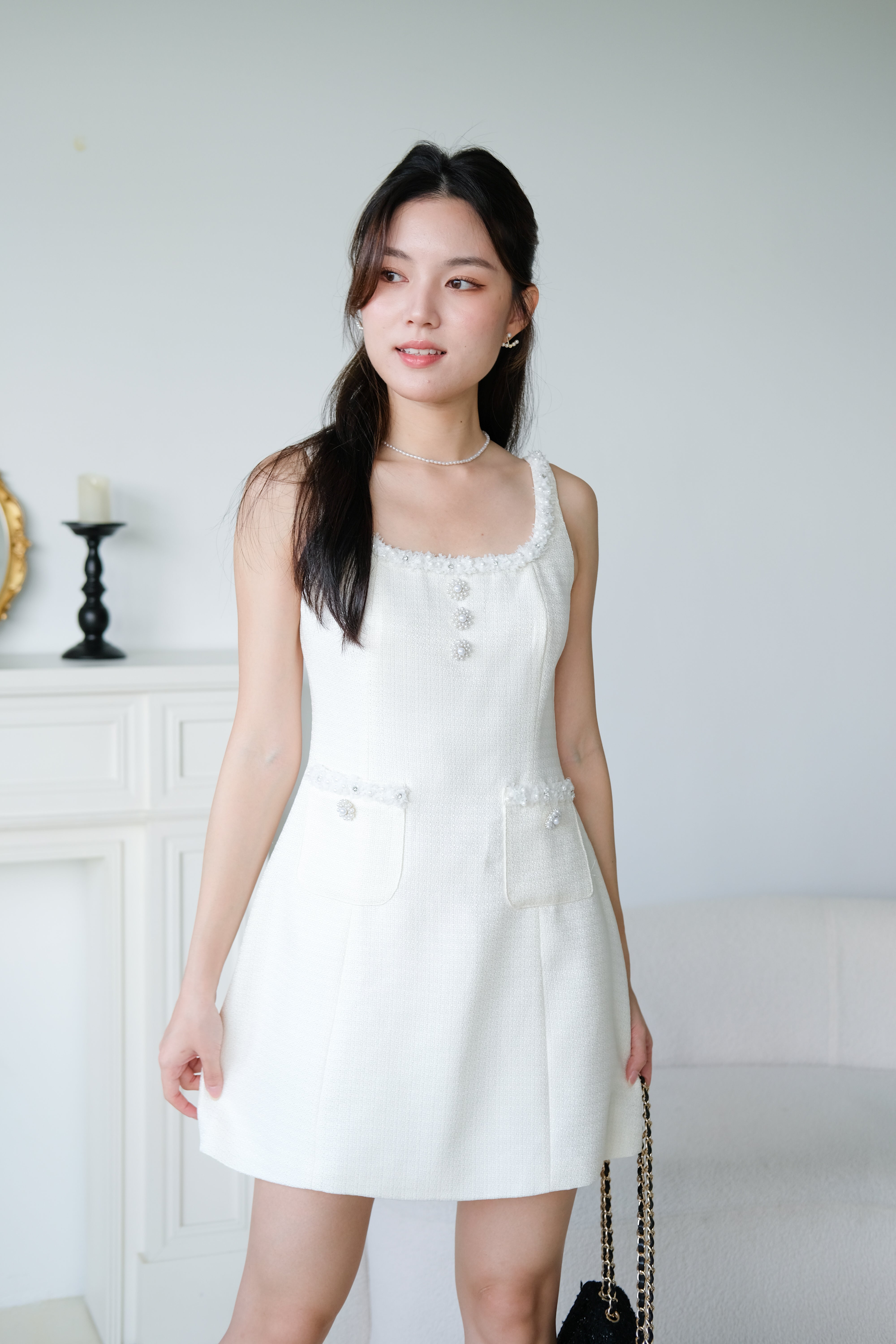 Lenora Tweed Vintage Dress (Cream)