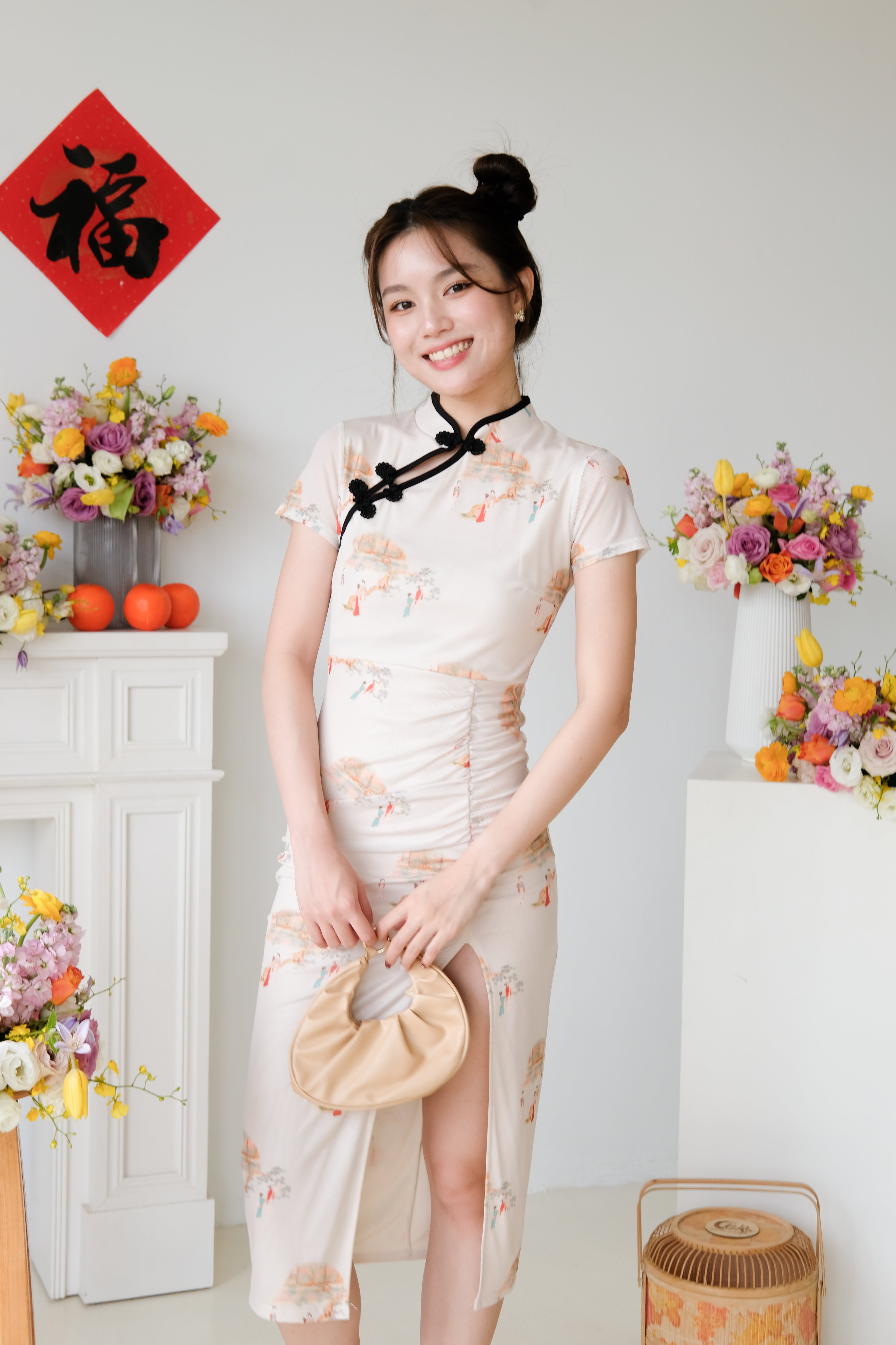 Yuan Mesh Slit Midi Cheongsam (Light Beige)