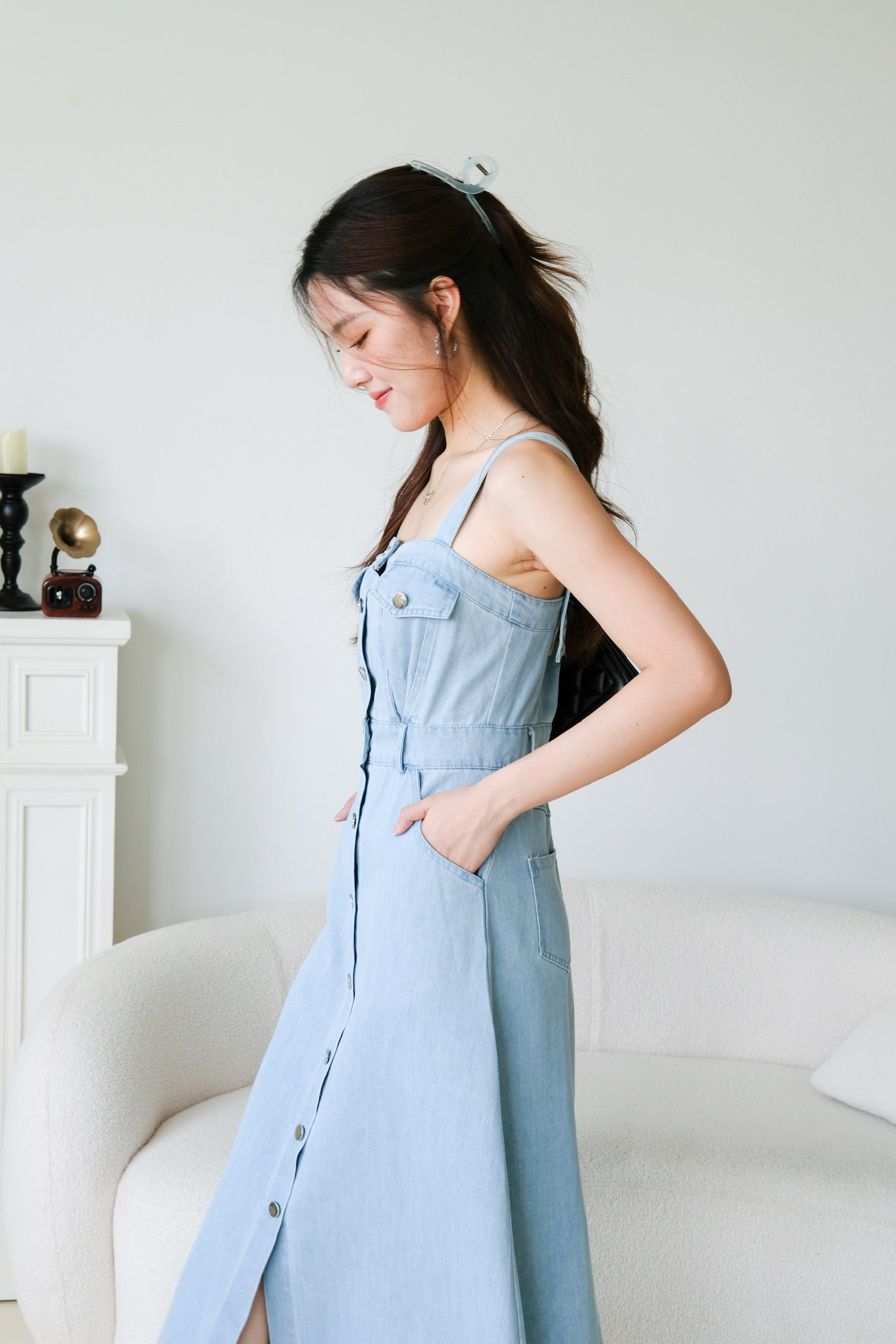 Ean Button Down Denim Maxi Dress (Light Blue)