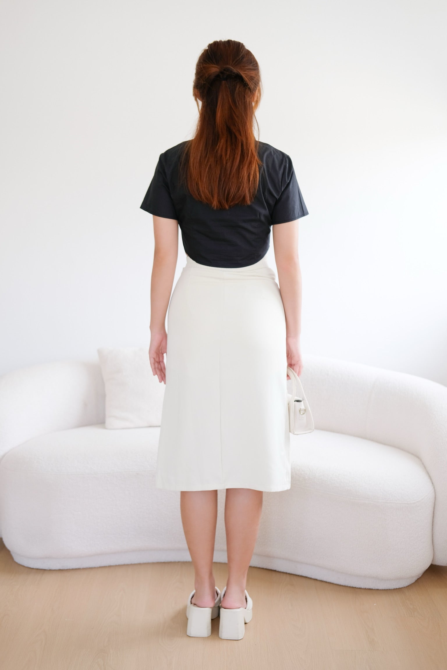 Cream High Waisted Ruched Midi Skirt