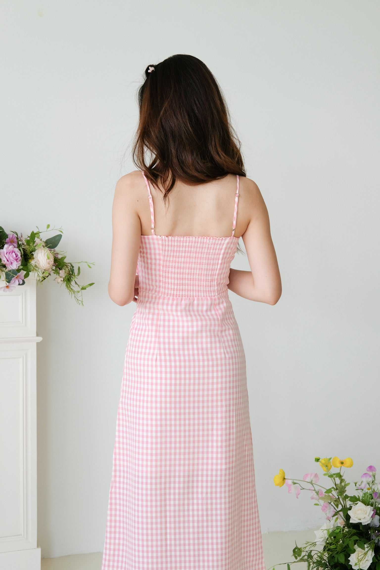 Veronnie Ruched Plaid Midi Dress (Pink)