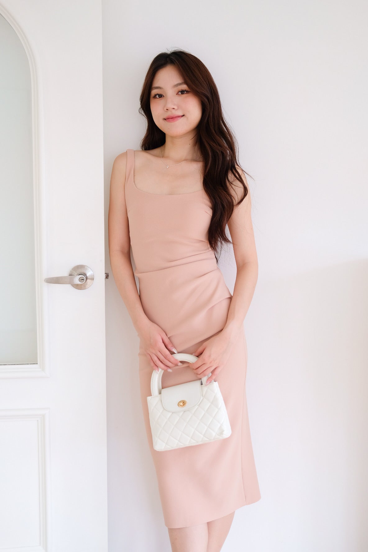 Claude Ruched Slim Fit Midi Dress (Nude Pink)