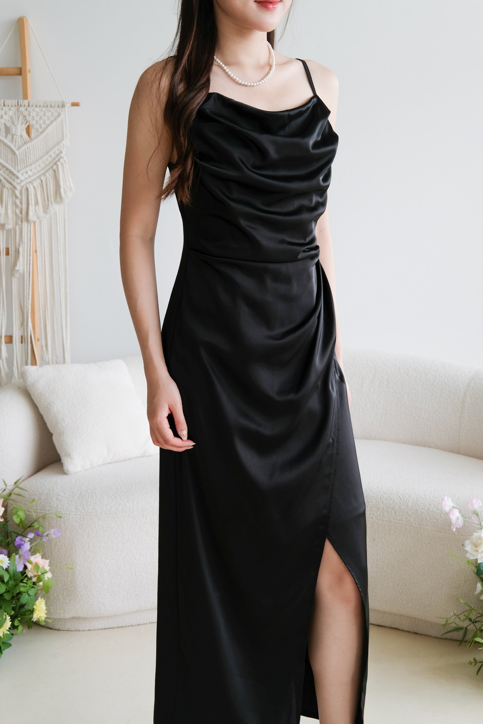 Sheryl Draped Satin Maxi Dress (Black)