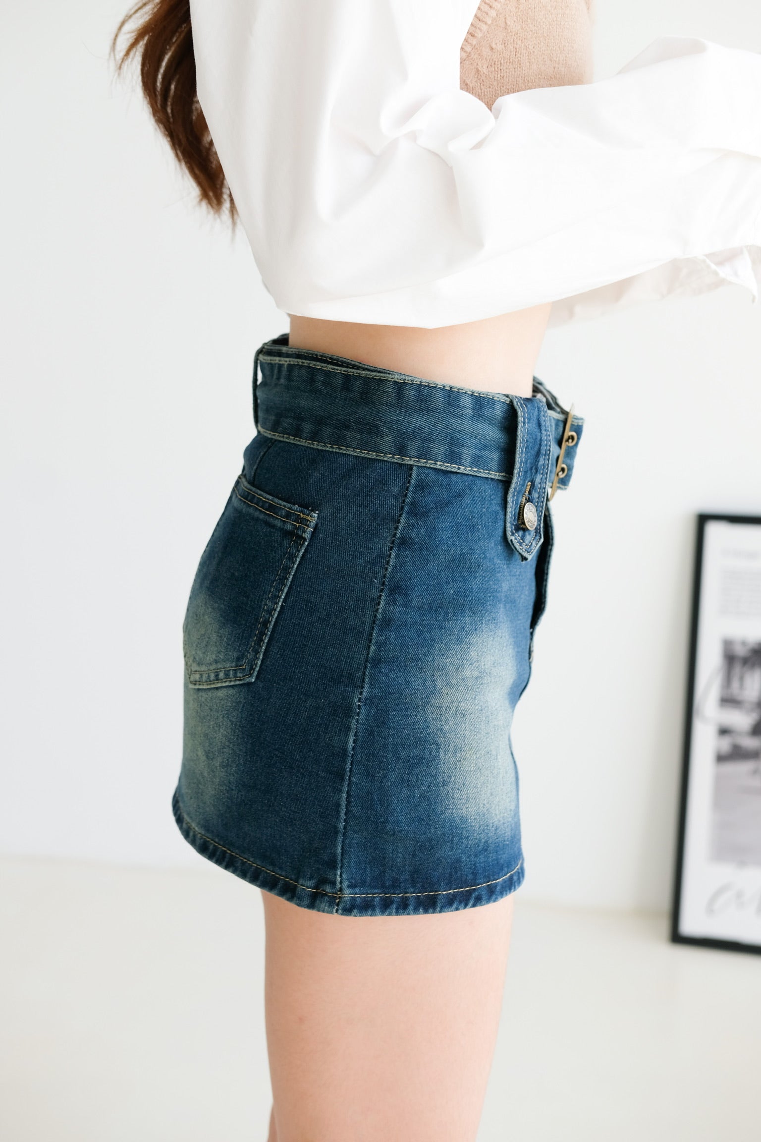 Faye Belt Denim Skirt (Denim Blue)