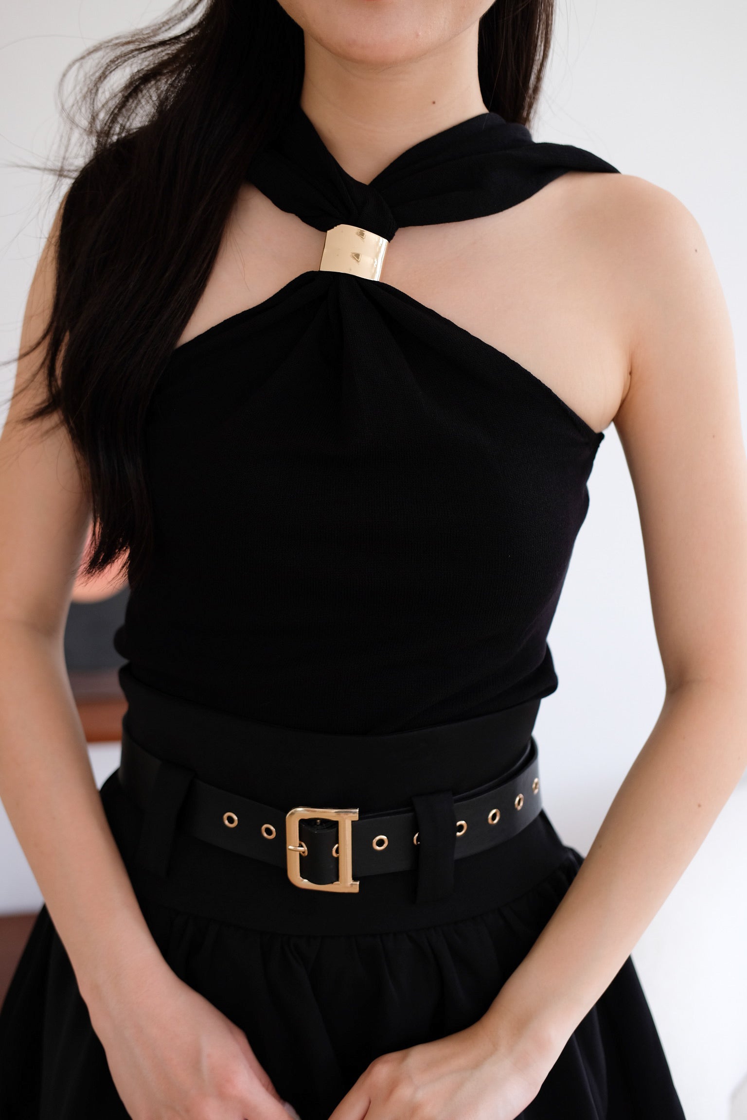 Suezette Halter Gold Ornament Knit Top (Black)