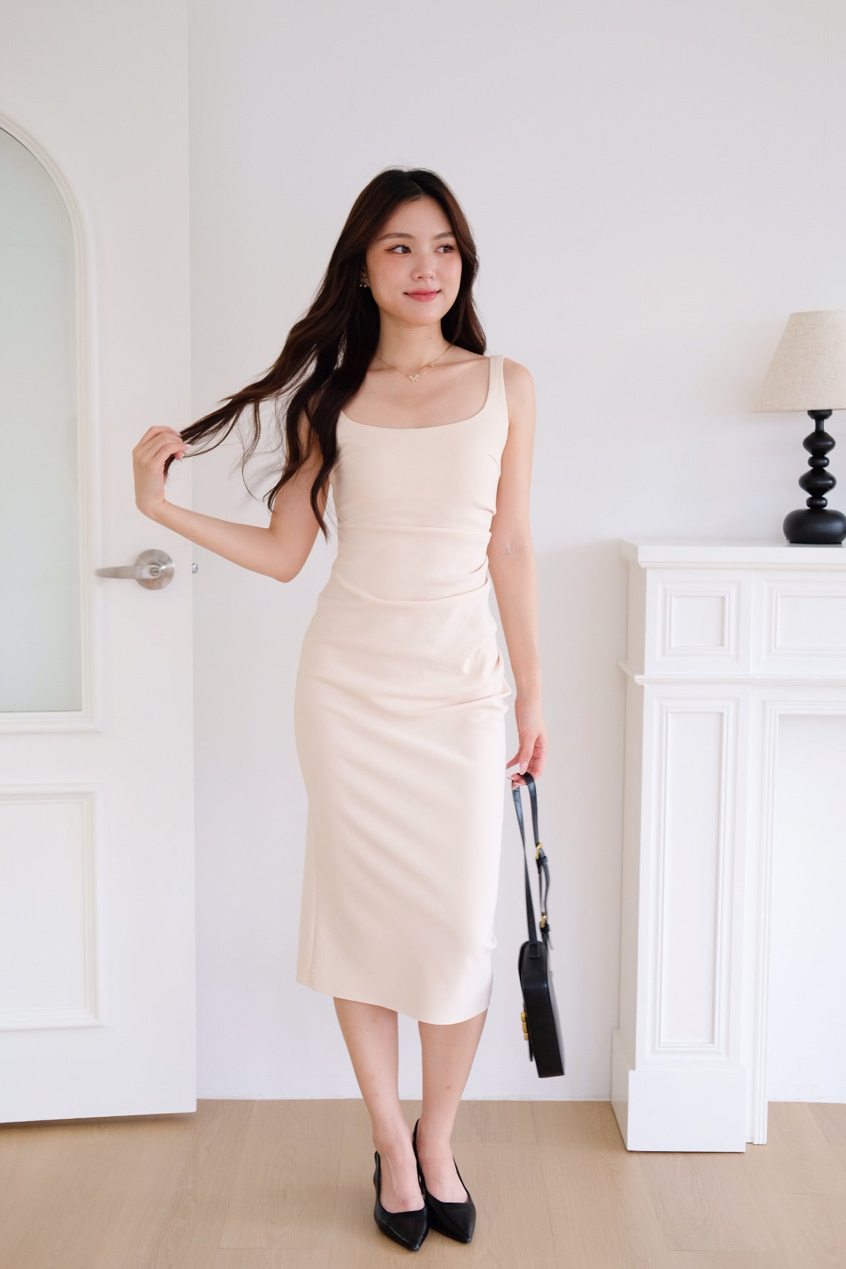 Claude Ruched Slim Fit Midi Dress (Light Sage)