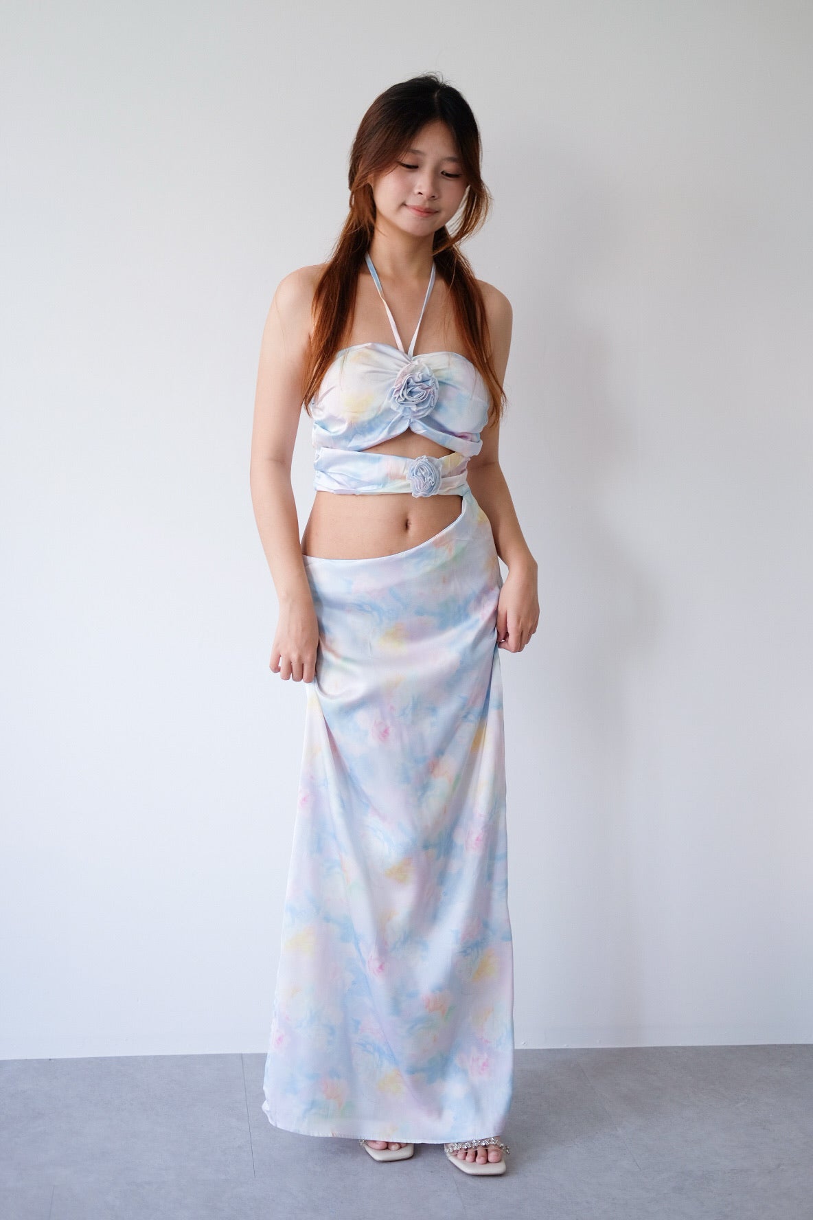 Blue Floral Waist Cut-Out Rose Halter Maxi Dress