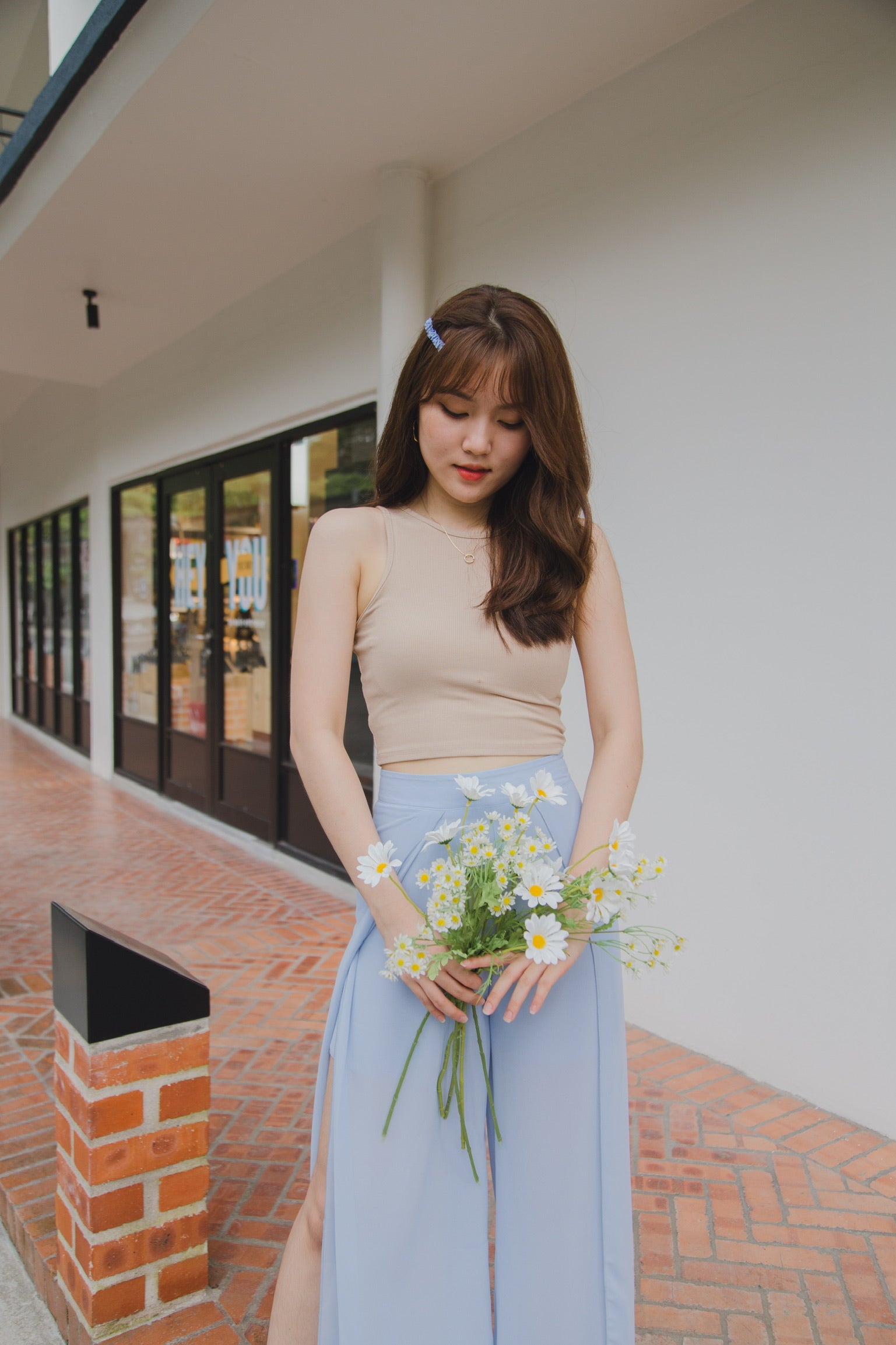 Yoona Chiffon Slit Pants (Light Blue)